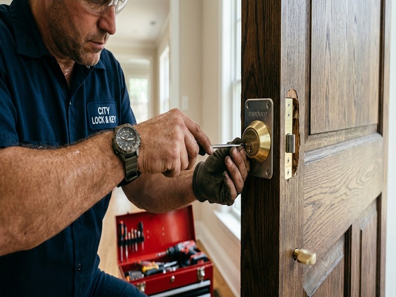 Deadbolt installation on a wood residential front door