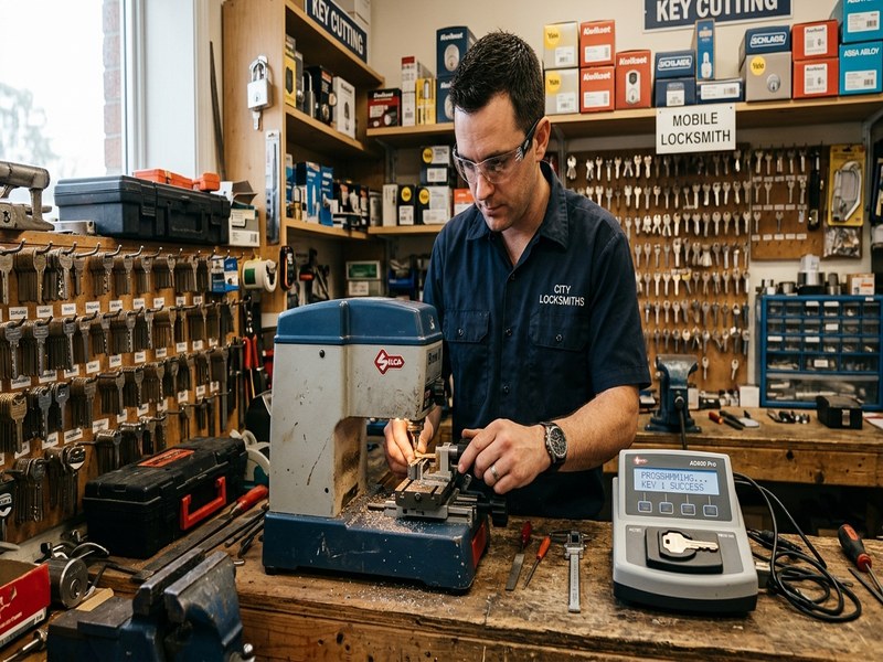 Car key cutting and programming at a locksmith shop