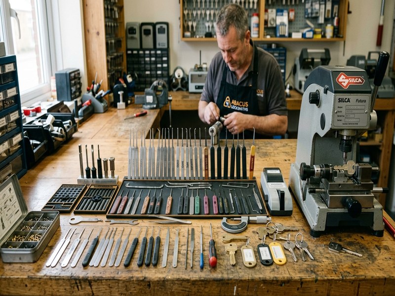Professional locksmith tools laid out on a work surface