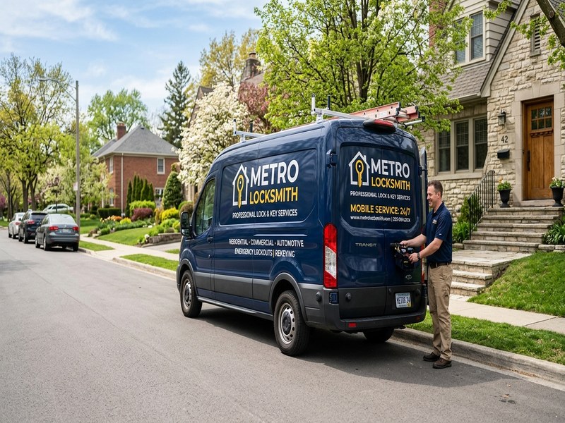 Mobile locksmith service van parked at a residential job