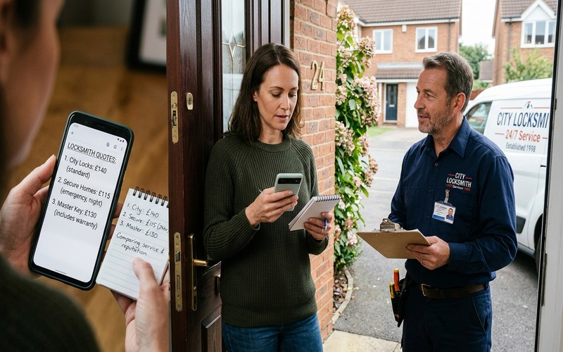 Comparing three locksmith quotes on a phone screen