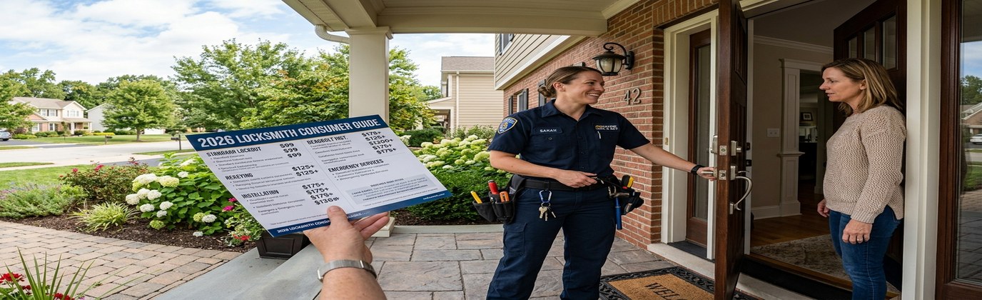 Consumer guide to cheap locksmith pricing — navy background with savings green accent